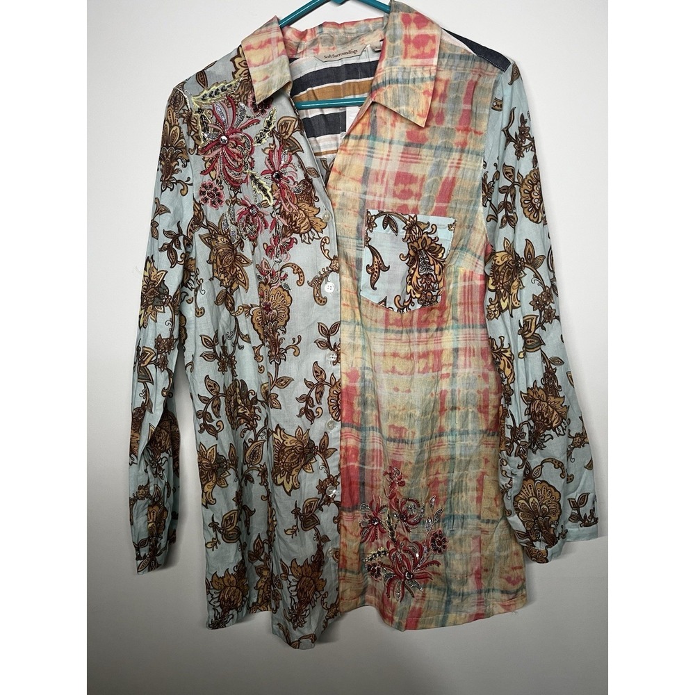 NWT Soft Surroundings Descansa Tunic Button Down Shirt Sz L Aquatic Patchwork
